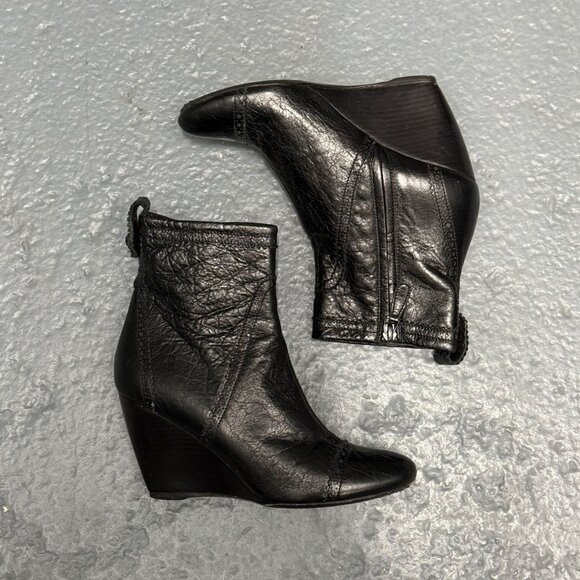 BALENCIAGA black crinkle leather wedge heel ankle boots booties
